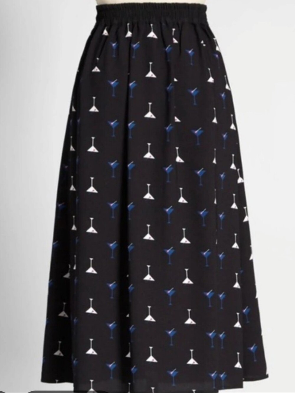 Modcloth Black Midi Skirt with Blue and White Martini Print Elastic Waist Sz 1X